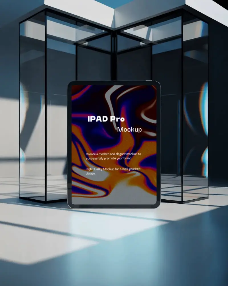 Ipad Pro Mockup Upright In Modern Glass Cube Structure With Hard Shadows And Prism Reflections