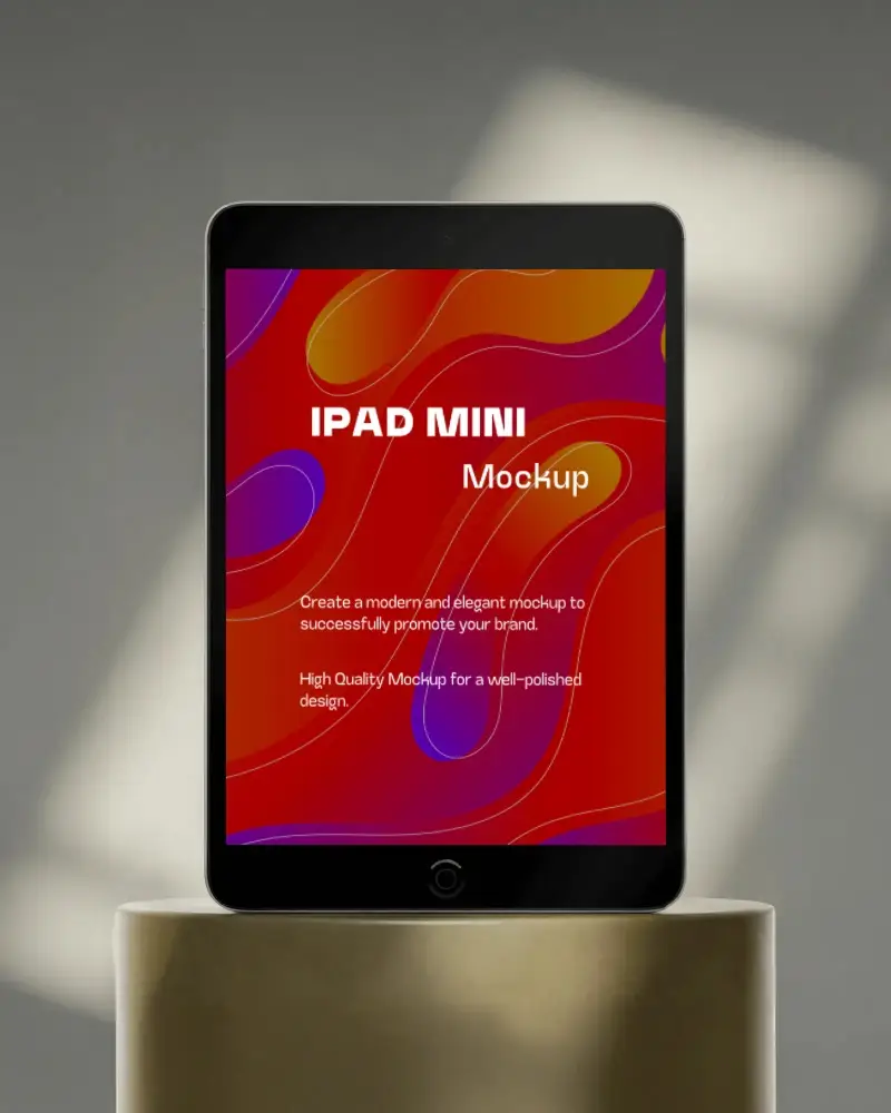 Elegant Ipad Mini Display Mockup On Golden Satin Plinth Under Diffused Sunlight Beams