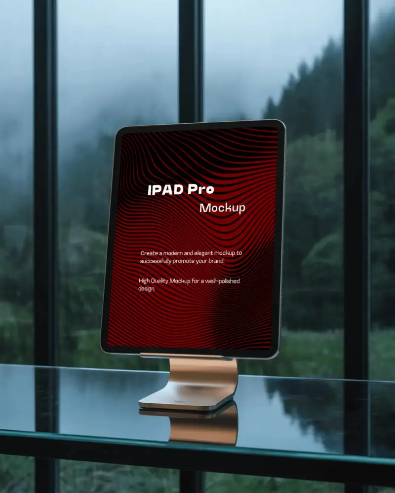 Ipad Pro Mockup On Modern Stand By Glass Window With Misty Forest View And Moody Light
