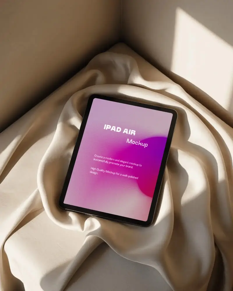 Ipad Air Mockup On Soft Draped Fabric In Sunlit Corner With Gentle Shadows And Warm Light
