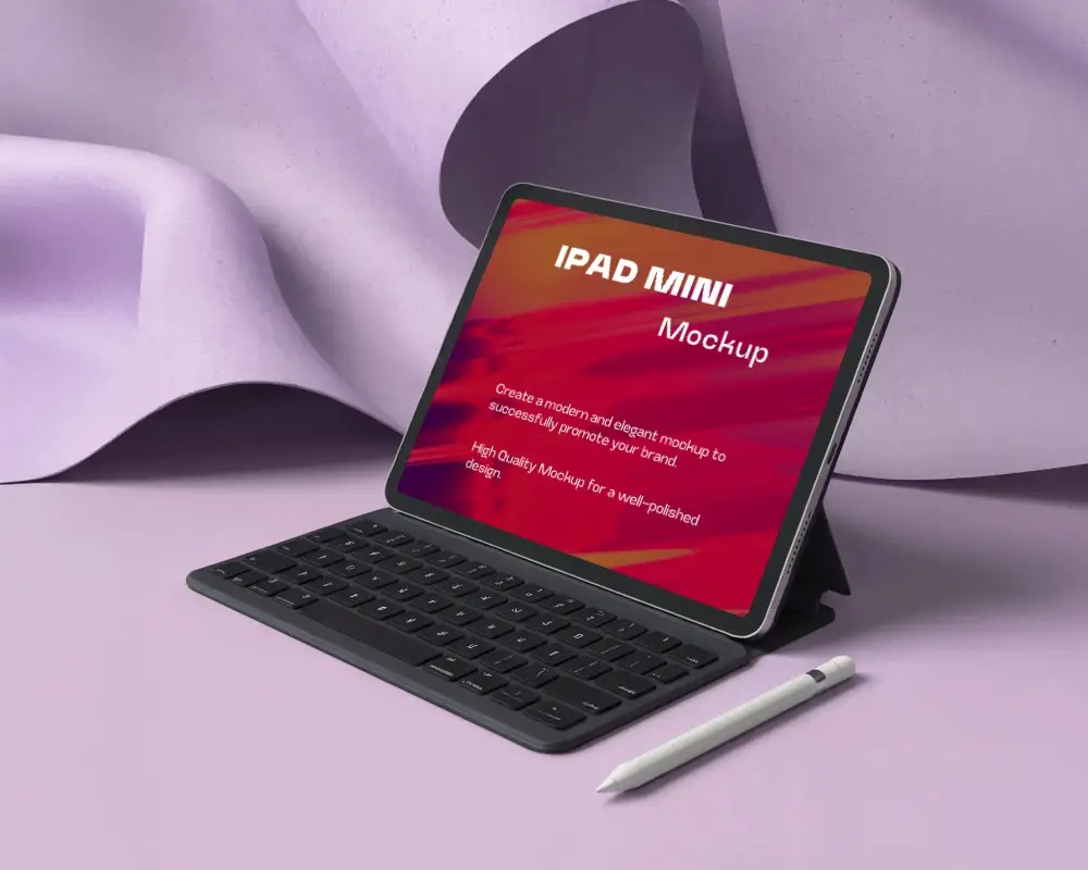 Pastel Purple Ipad Mini Mockup With Keyboard And Stylus On Artistic Curved Backdrop