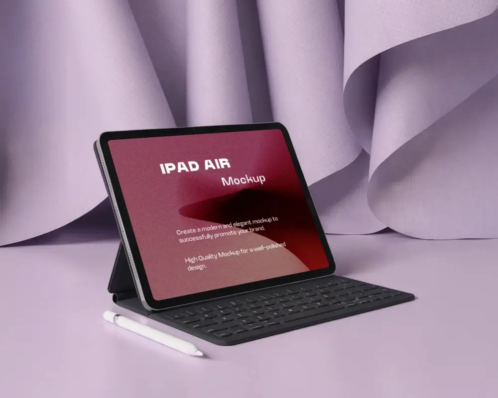 Ipad Air Mockup In Light Purple Fabric Draped Setting With Apple Pencil And Keyboard