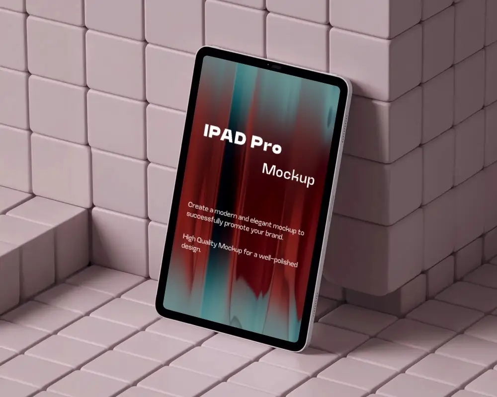 Modern Ipad Pro Vertical Display Mockup On Textured Cube Wall In Pastel Setting