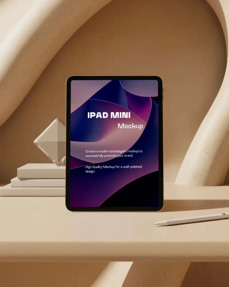 Modern Ipad Mini Mockup On Minimal Beige Desk With Abstract Arch Background Elements