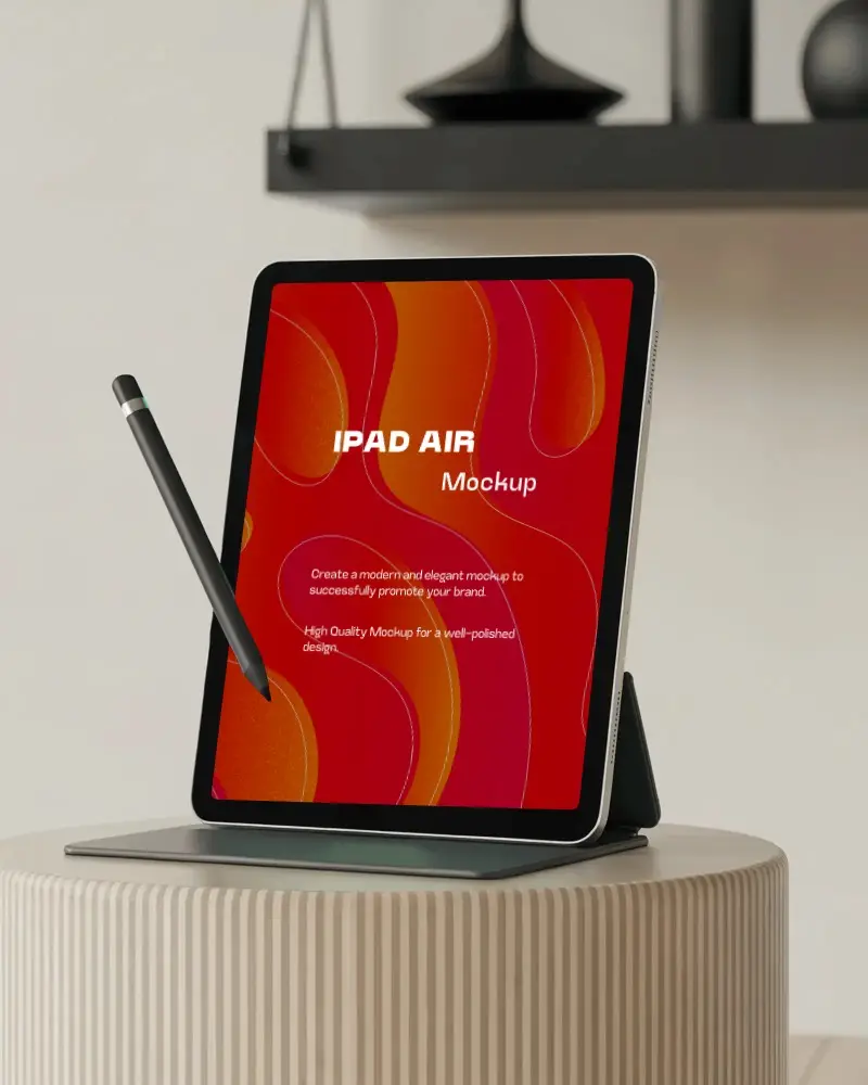 Modern Ipad Air Mockup On Striped Round Table With Floating Apple Pencil In Minimal Studio