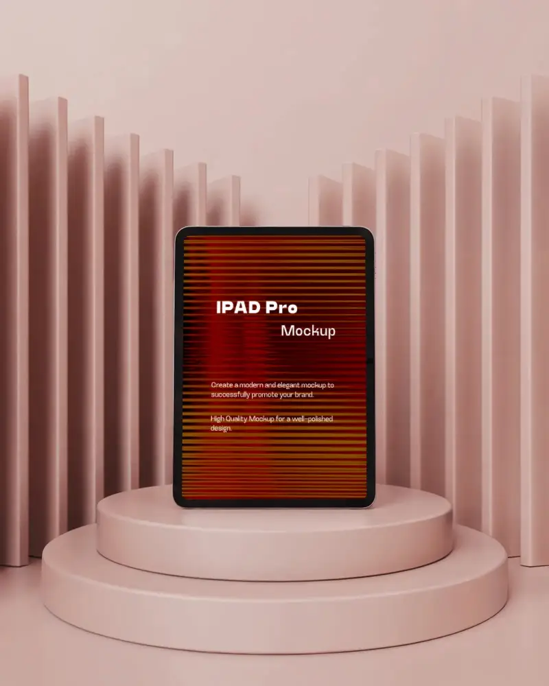 Centered Ipad Pro Mockup On Rounded Podium With Accordion Panel Background In Soft Pink Studio