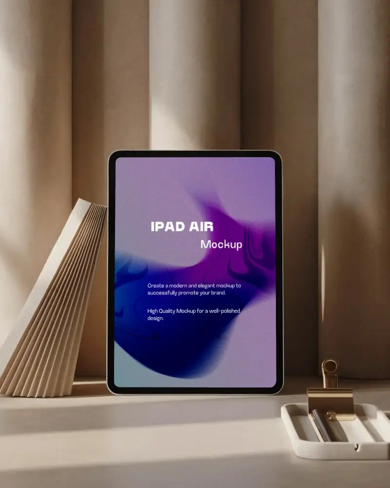 Vertical Ipad Air Mockup In Stylish Interior Setting With Architectural Curves And Paper Fold