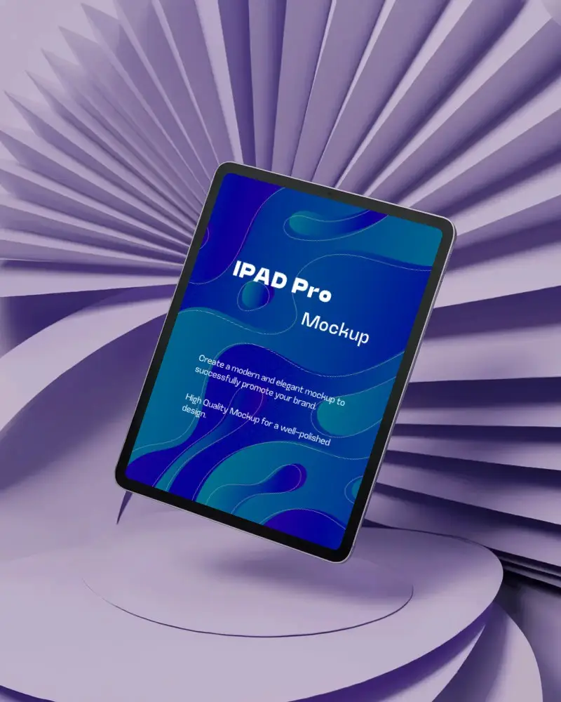 Floating Ipad Pro Mockup With Spiral Paper Background In Vibrant Purple Studio Setup
