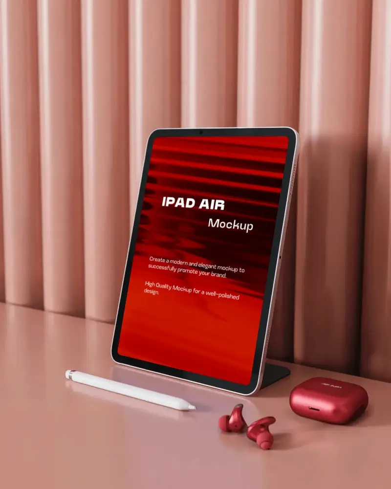 Upright Ipad Air Mockup On Pink Surface With Stylus And Earbuds In Minimal Modern Setup