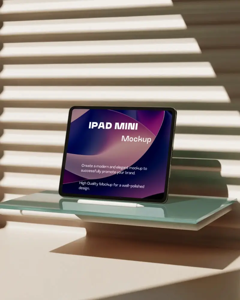 Elegant Ipad Mini Display Mockup On Raised Glass Panel With Minimal Sunbeam Light Effects