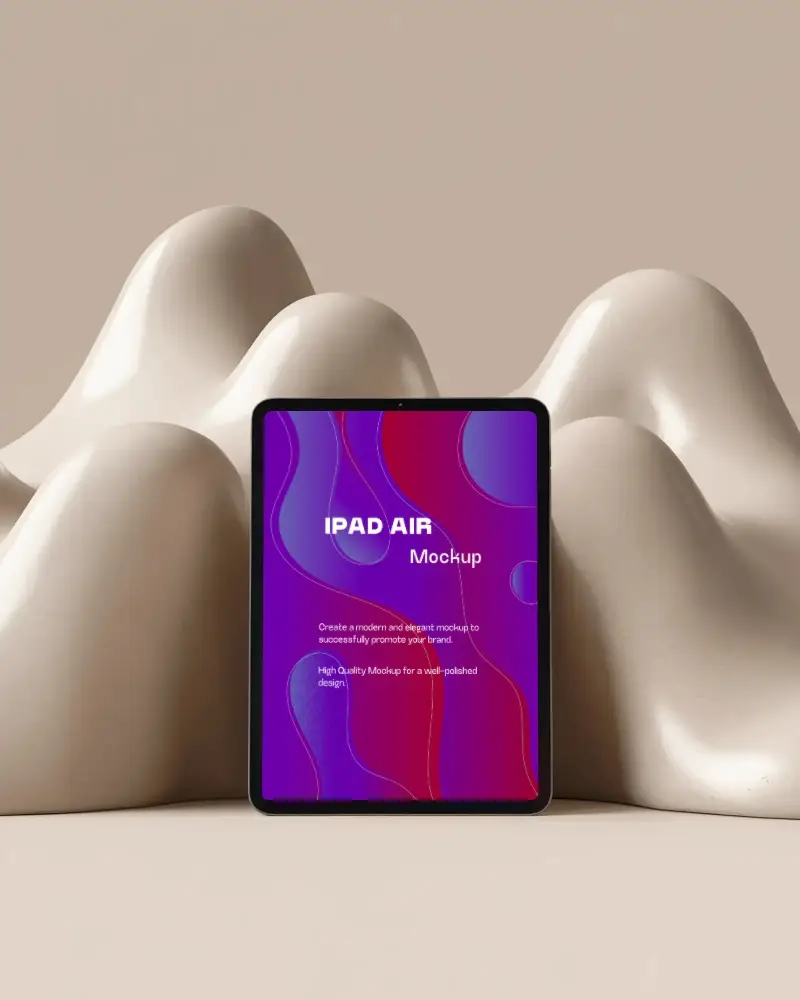 Ipad Air Mockup In Front Of Abstract Smooth Sculptural Waves With Neutral Toned Background