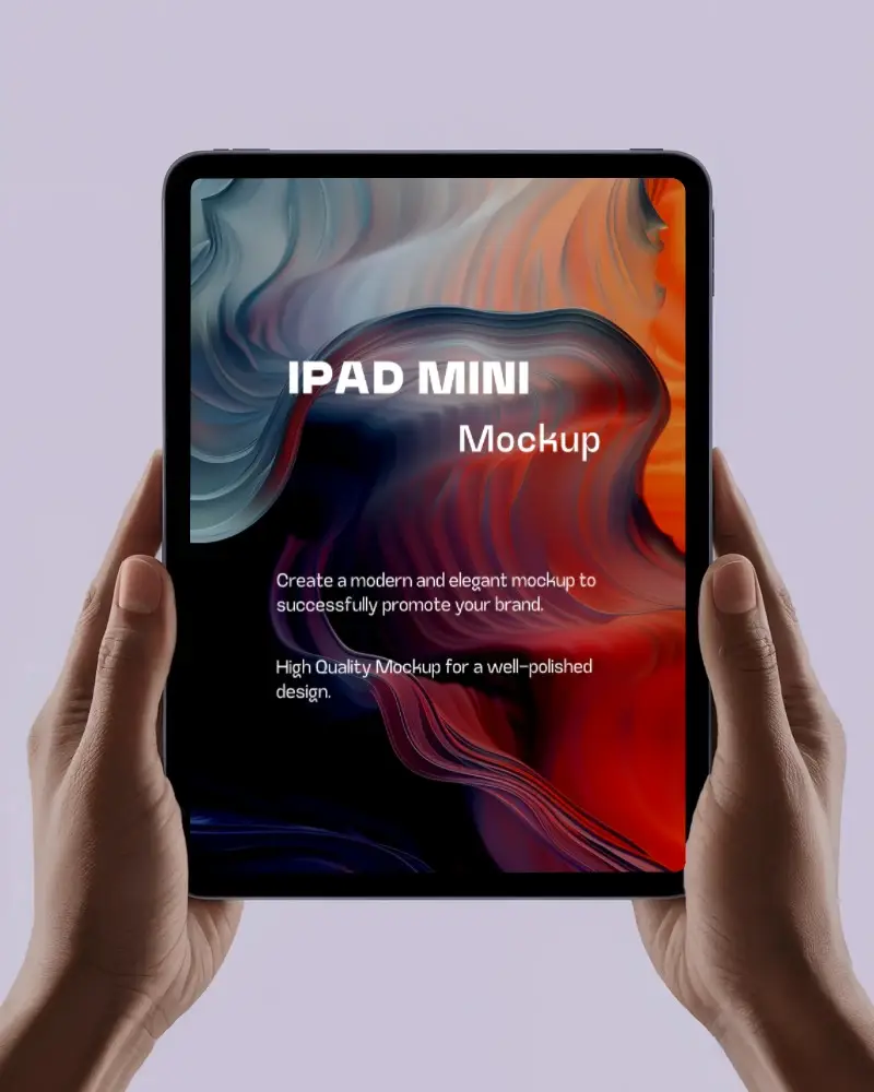 Ipad Mini Mockup Held With Both Hands Against Soft Lilac Studio Background For Product Presentation