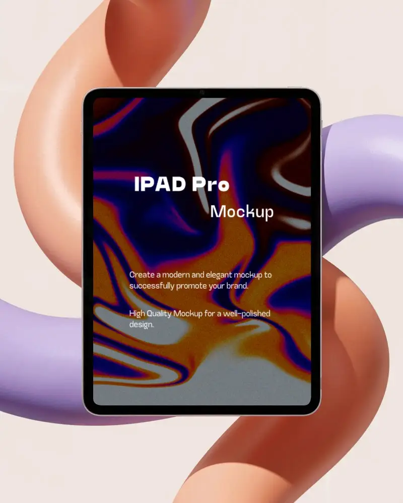 Ipad Pro Mockup Floating Amidst Curved Abstract Pastel Tubes On Clean Light Studio Backdrop