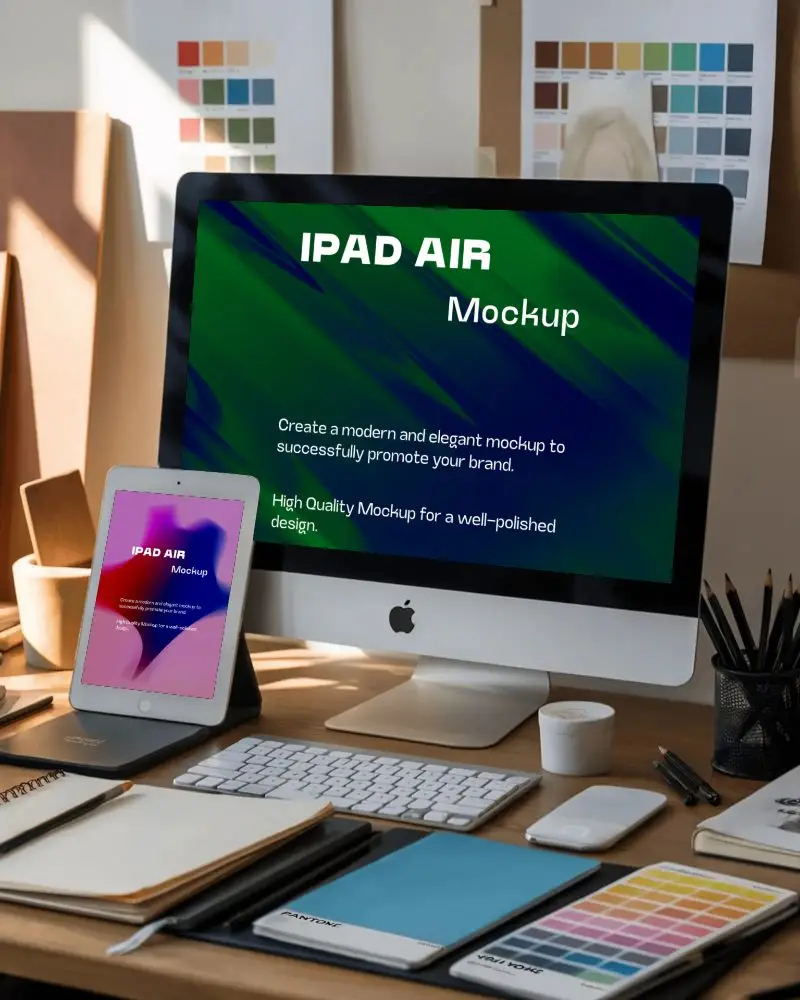 Creative Desk Ipad Air And Imac Mockup With Color Palettes And Design Tools In Natural Light