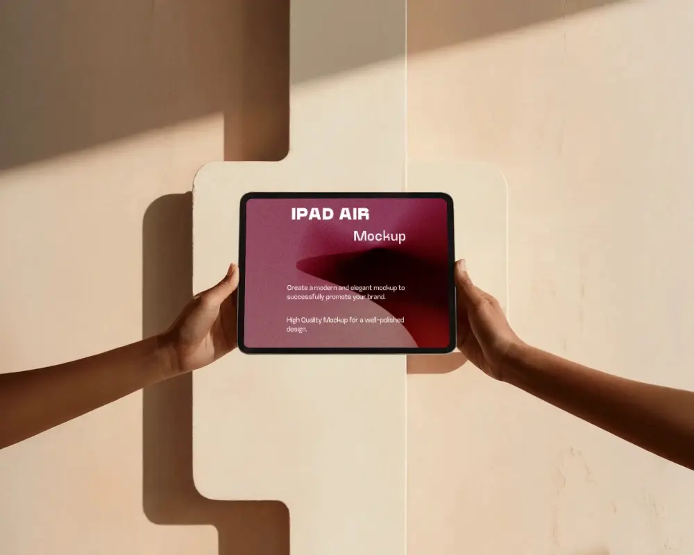 Premium Ipad Air Mockup Held By Two Hands With Geometric Wall Backdrop