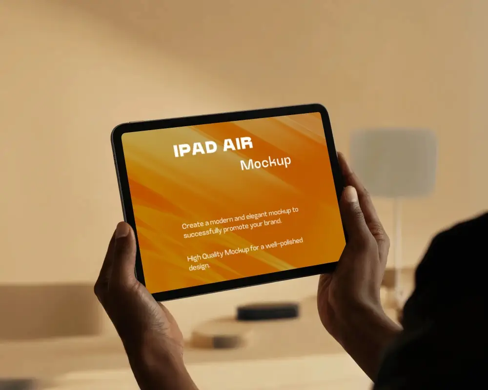 Ipad Air Mockup Hands Holding Tablet In Minimal Softly Lit Modern Workspace