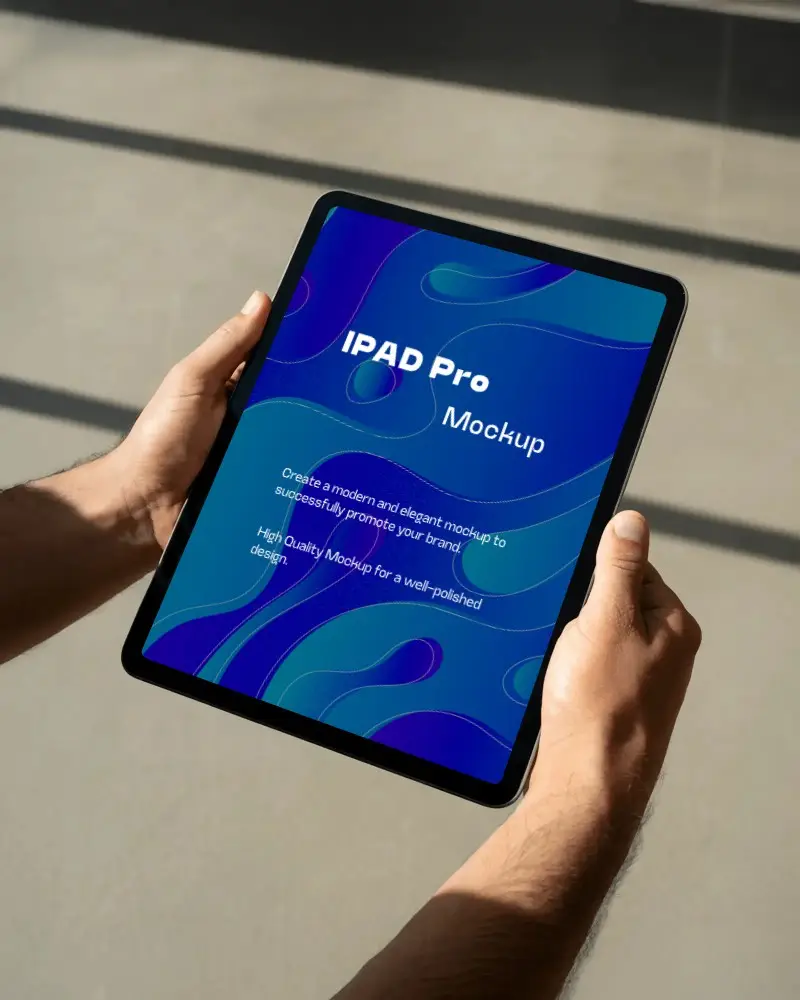 Realistic Ipad Pro Mockup Two Hands Holding On Polished Surface In Sunlight