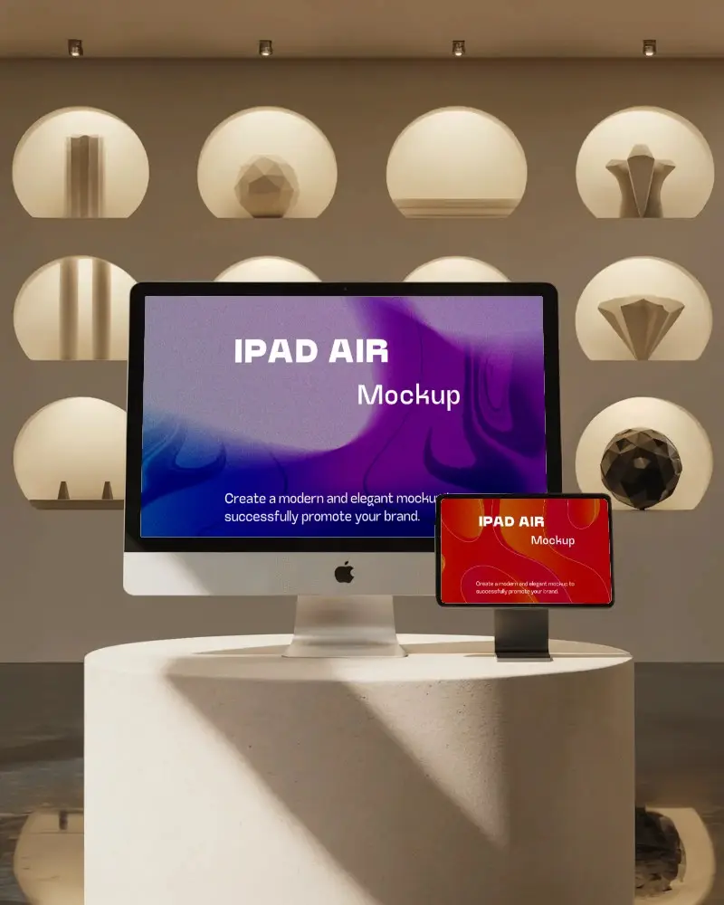 Premium Duo Device Mockup Ipad Air And Imac Display In Art Gallery Style Setting