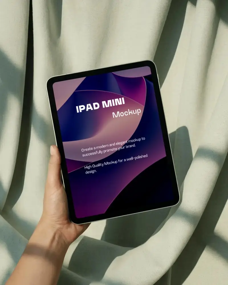 Sunlit Curtain Background Ipad Mini Mockup Handheld In Bright Soft Draped Setting