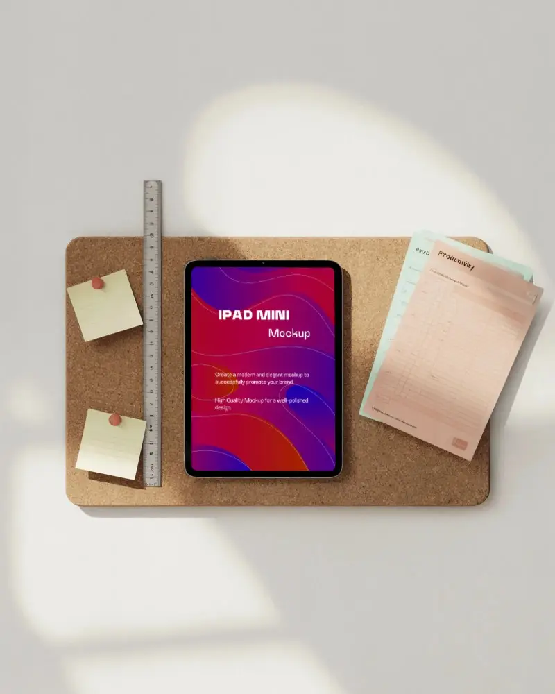 Ipad Mini Overhead Mockup On Textured Board With Organized Schedule And Sticky Notes