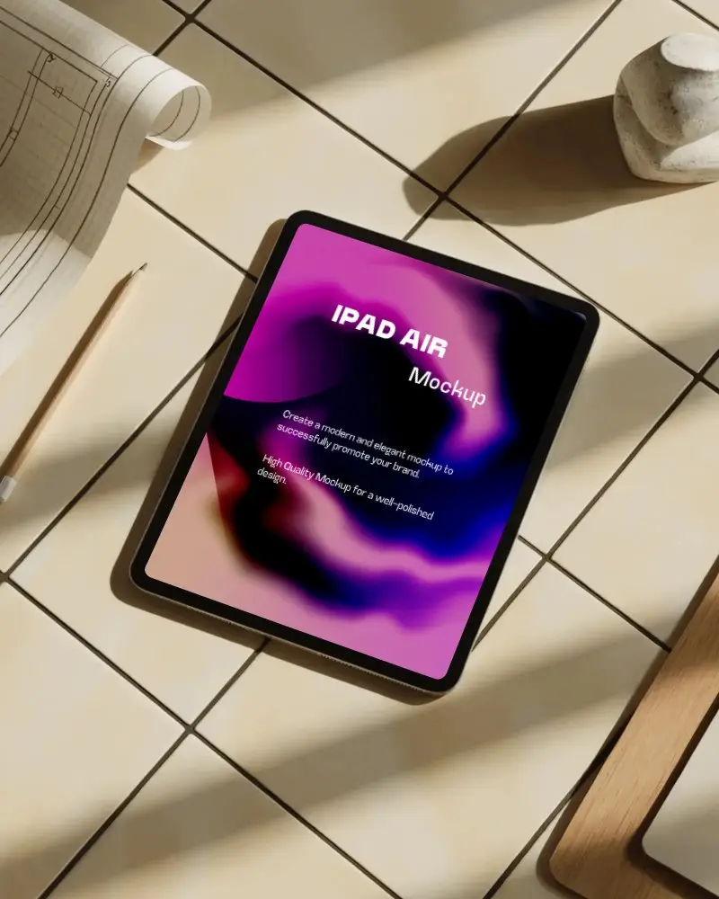 Top View Ipad Air Mockup On Ceramic Tile Surface With Pencil Scroll And Desk Items