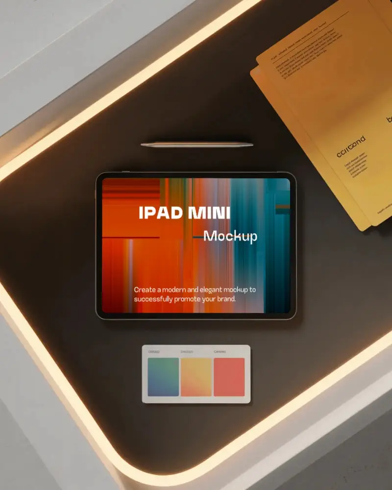 Ipad Mini Flatlay Mockup On Black Surface With Warm Led Light And Design Swatches