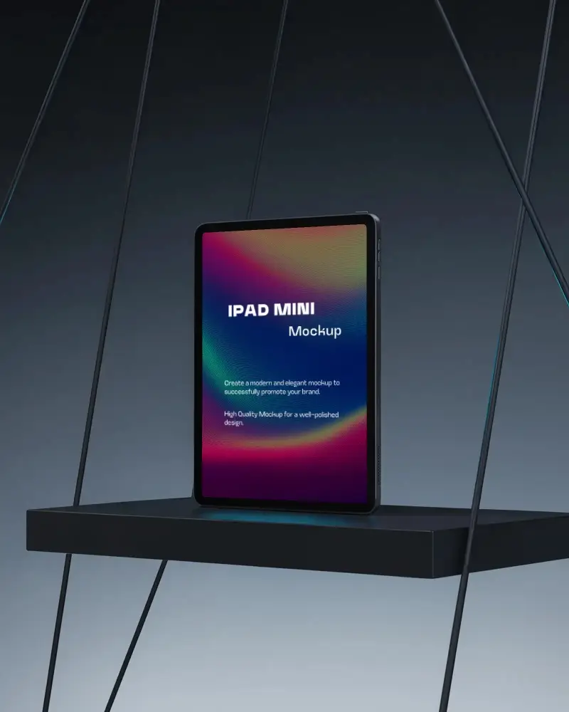 Futuristic Ipad Mini Mockup Standing On Floating Black Platform With Suspension Cables