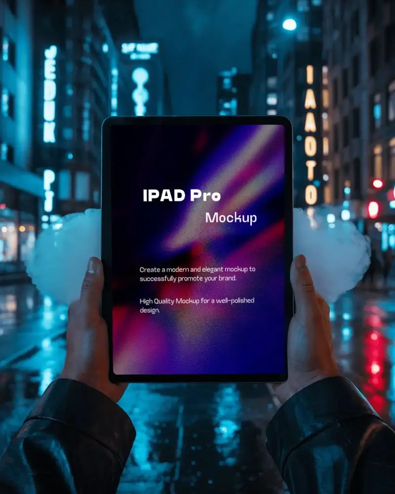 Cinematic Ipad Pro Mockup In Moody City Nightscape With Blue And Red Light Reflections