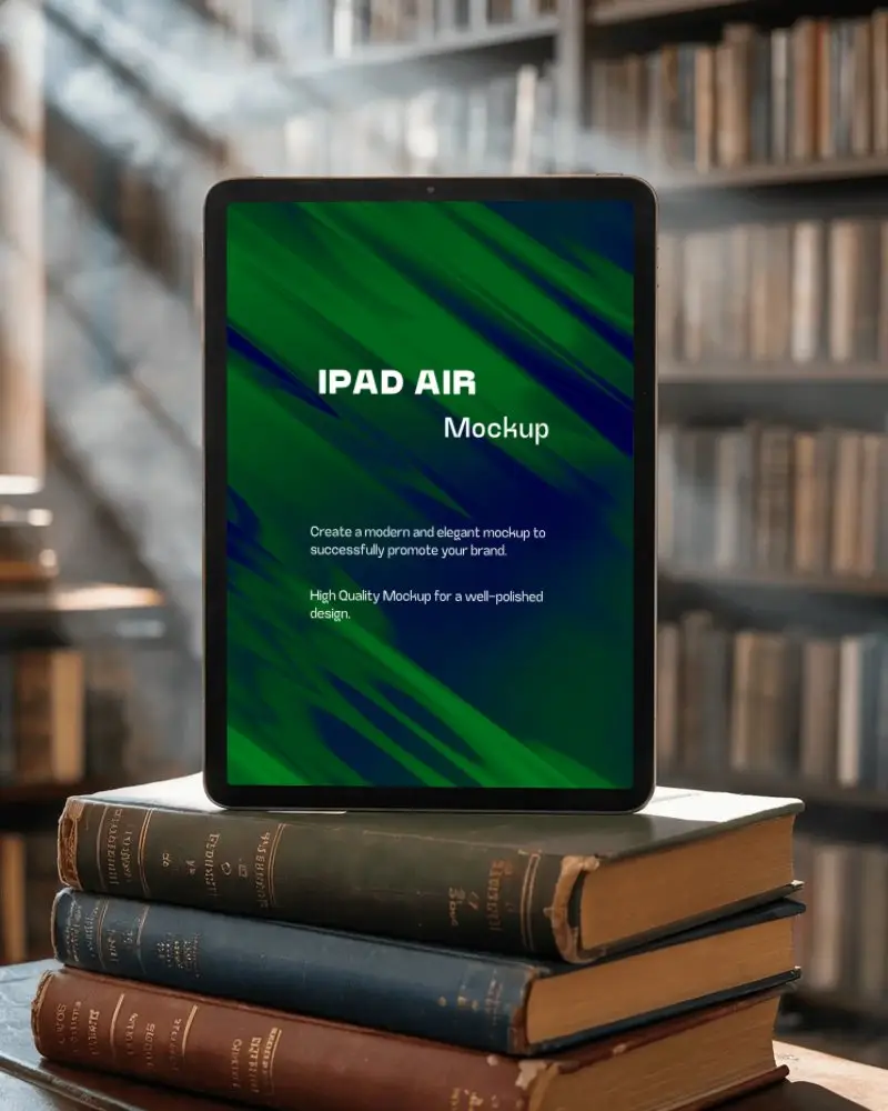 Vintage Library Ipad Air Mockup Standing On Stack Of Classic Books With Sunrays