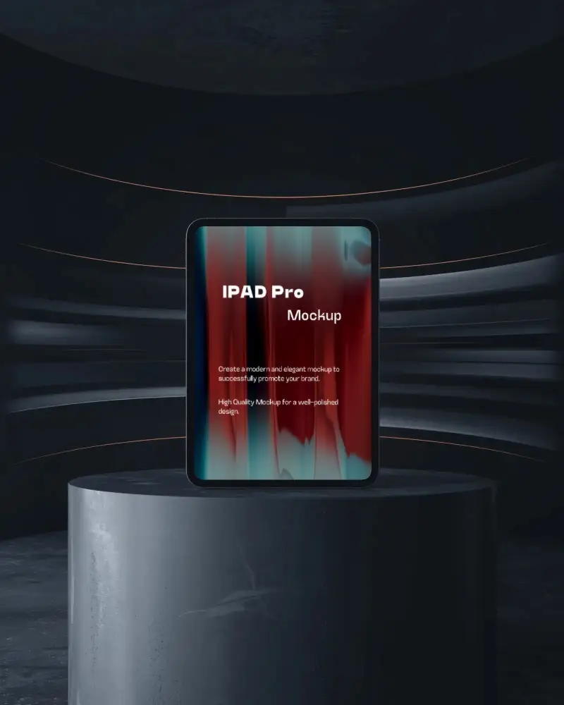 Tech Showcase Ipad Pro Mockup On Black Cylinder In Sci Fi Studio With Metallic Curves