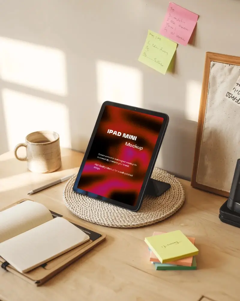 Peaceful Study Desk Ipad Mini Mockup Resting On Mat With Sun Glow And Note Stacks