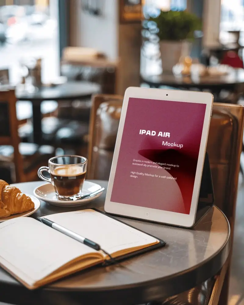 Cafe Tablet Ipad Air Mockup On Metal Table With Coffee Croissant And Open Notebook