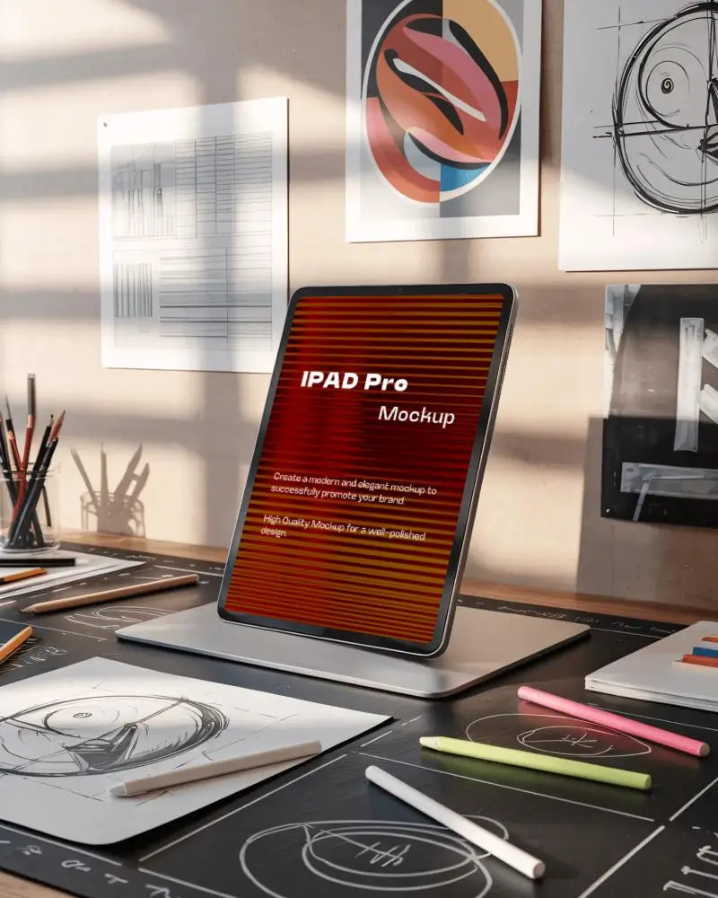 Artistic Desk Ipad Pro Mockup On Stand Amid Sketches Drawings And Colored Pencil Tools
