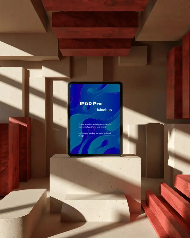 Brutalist Ipad Pro Mockup On Pedestal With Geometric Shadows And Red Concrete Structures