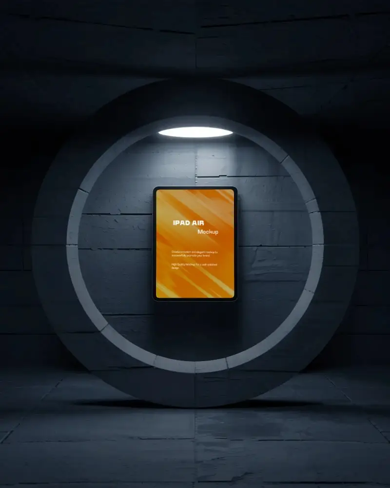 Sci Fi Display Ipad Air Mockup Centered In Concrete Ring With Soft Overhead Spotlight