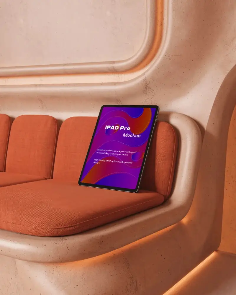 Ipad Pro Mockup Resting On Curved Sofa With Orange Cushions In Modern Architectural Lounge
