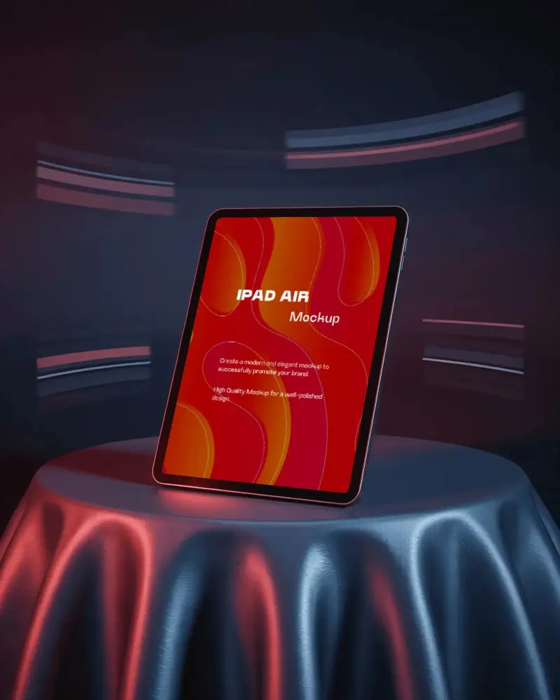 Ipad Air Mockup On Glossy Satin Pedestal With Red And Blue Neon Glow And Motion Lights