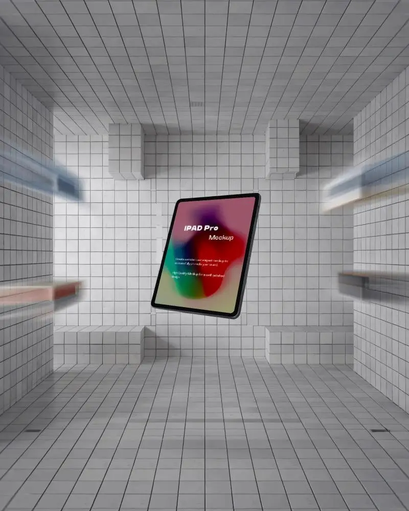 Floating Ipad Pro Mockup In All Tile Room With Color Streaks And Geometric Perspective