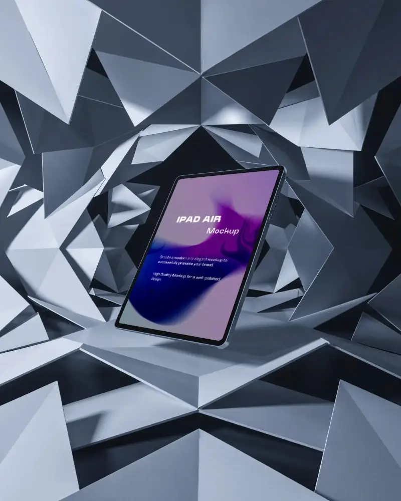 Abstract Ipad Air Mockup In 3d Geometric Chamber Filled With Metallic Triangle Surfaces
