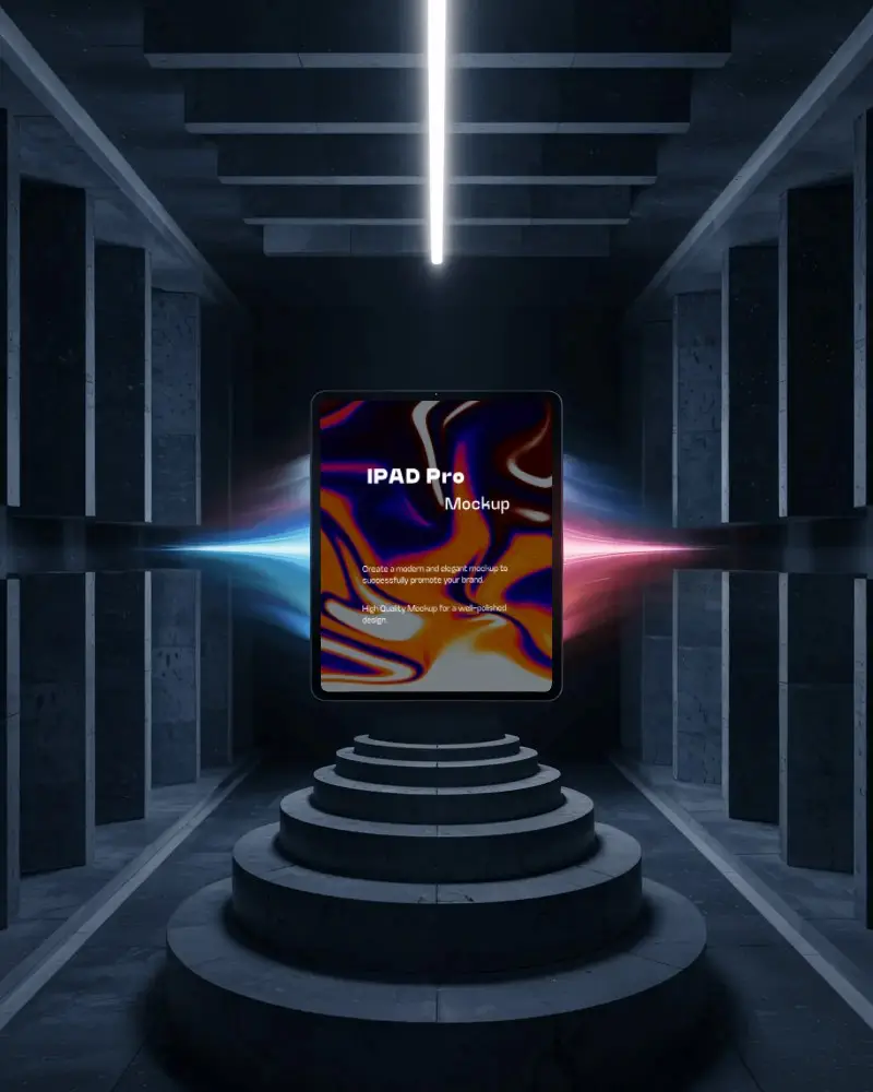 Glowing Hallway Ipad Pro Mockup Suspended In Center With Symmetrical Light Streaks
