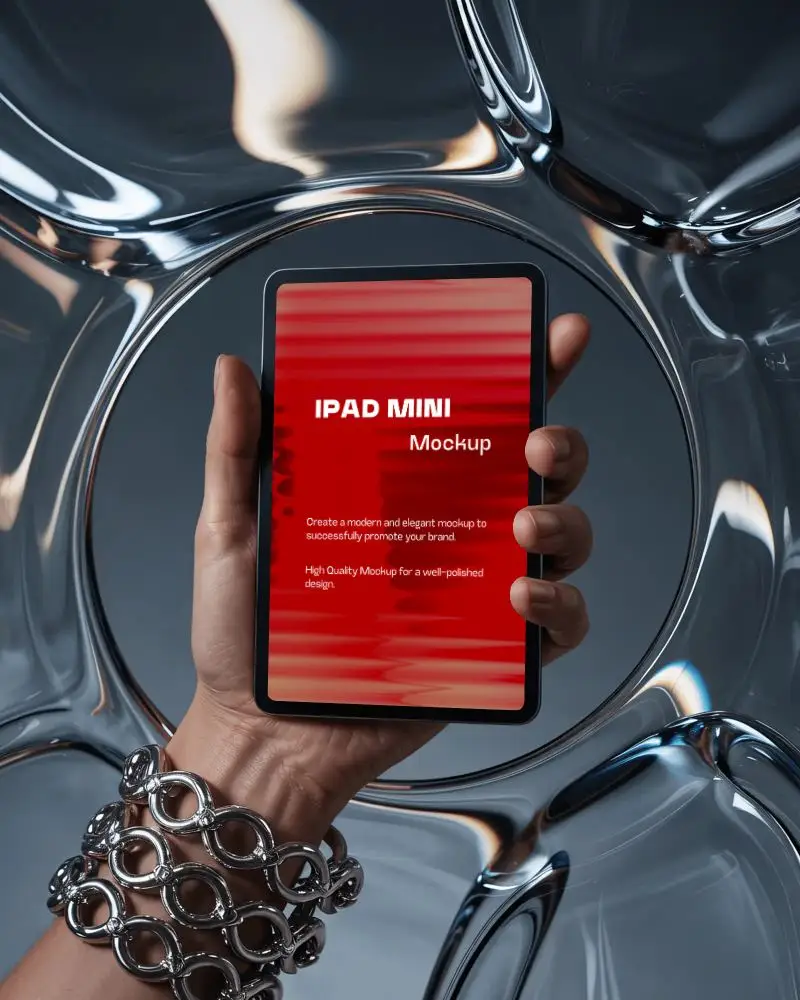 Ipad Mini Mockup Held By Hand In Metallic Bracelet With Liquid Glass Sculpture Backdrop
