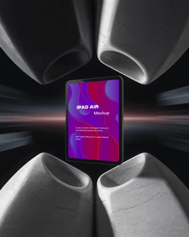Futuristic Ipad Air Mockup In Dark Space With Curved Stone Blocks And Glowing Motion Line