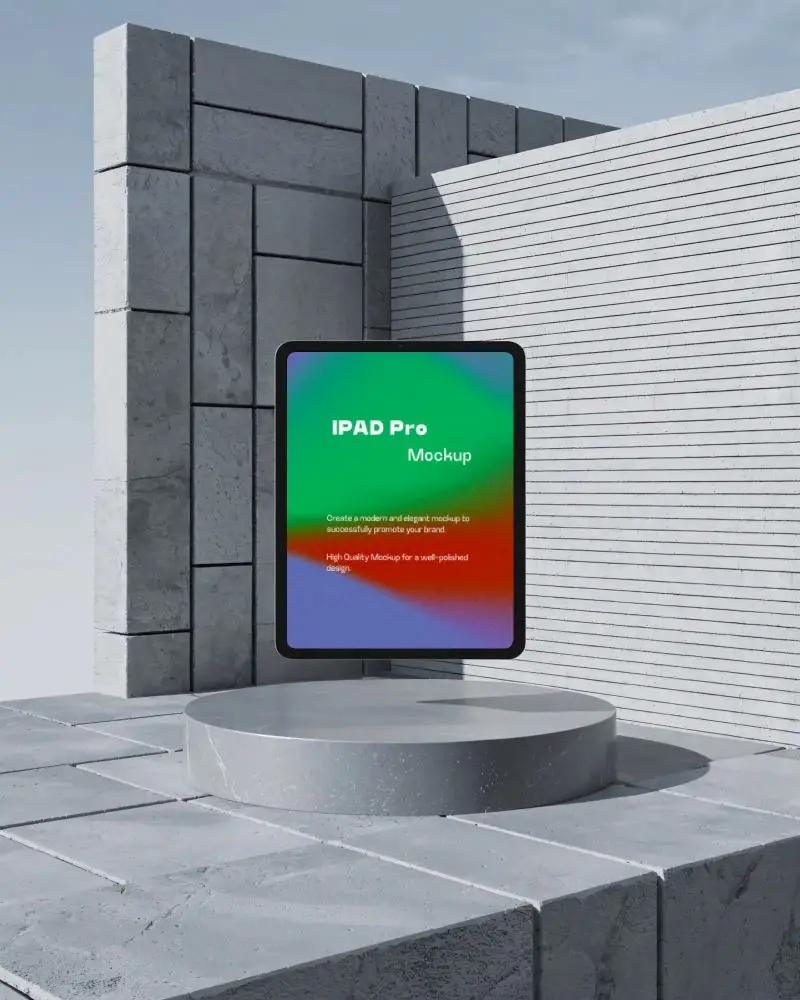 Architectural Ipad Pro Mockup On Circular Platform In Minimal Sunny Stone Structure