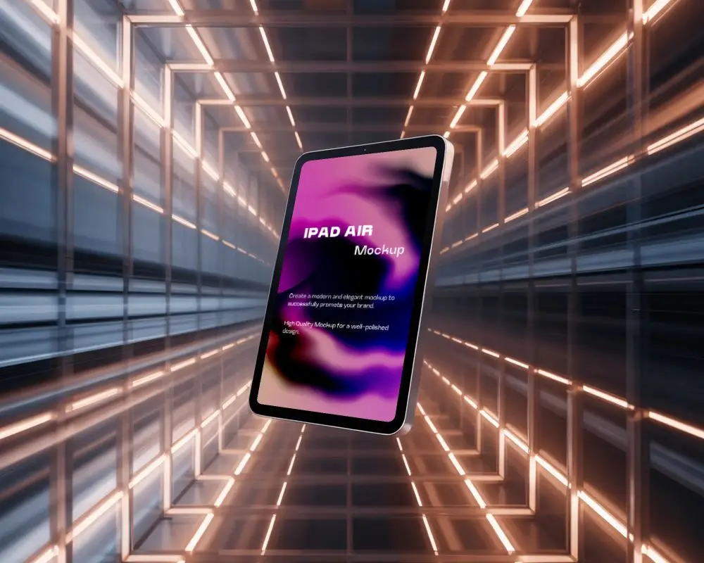 Ipad Air Front Mockup Floating At Angle In Surreal Tunnel Of Light Strips And Motion Energy
