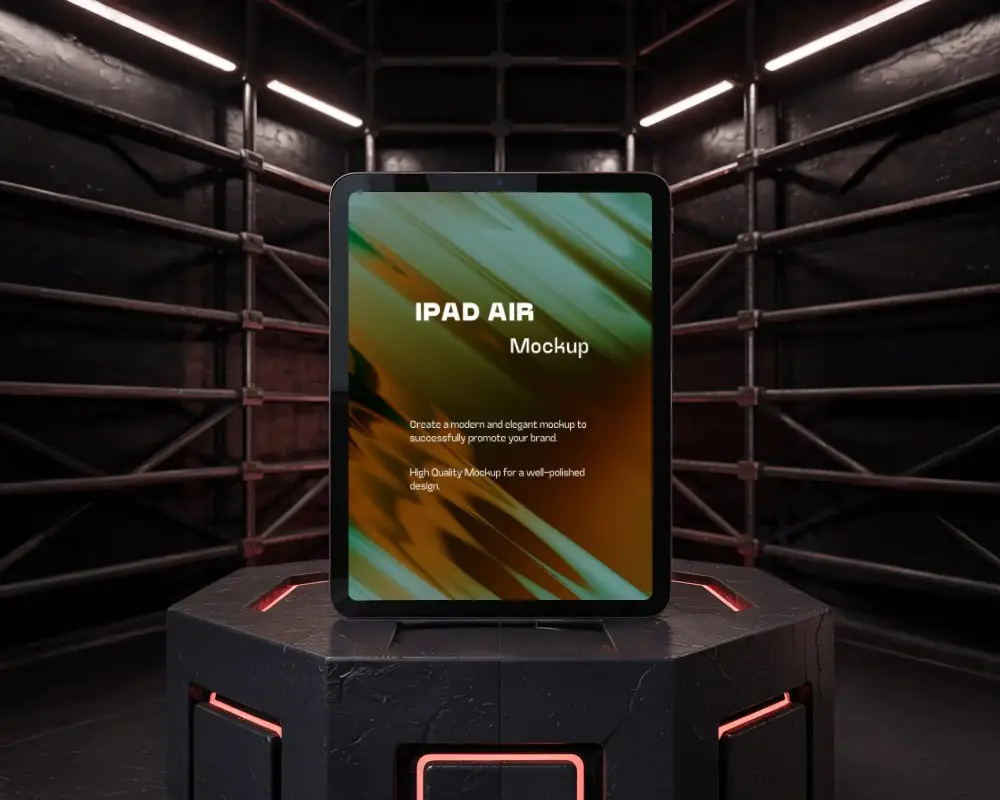 Futuristic Ipad Air Mockup Centered On Hex Podium Stand With Industrial Frame Lighting