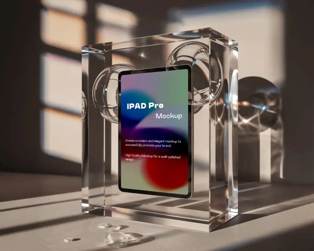 Ipad Pro Mockup Floating In Transparent Acrylic Cube With Bubble Orbs And Soft Shadow Light