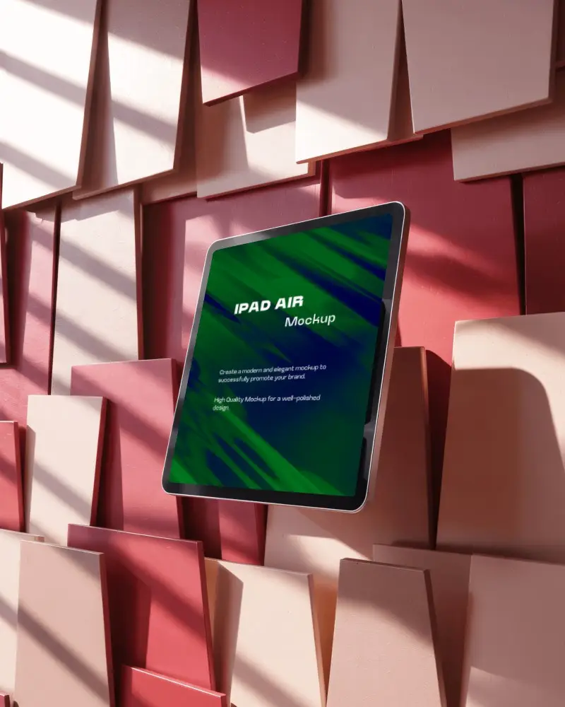 Ipad Air Mockup Floating Against Staggered Pink Panels With Soft Sunlight And Shadow Depth