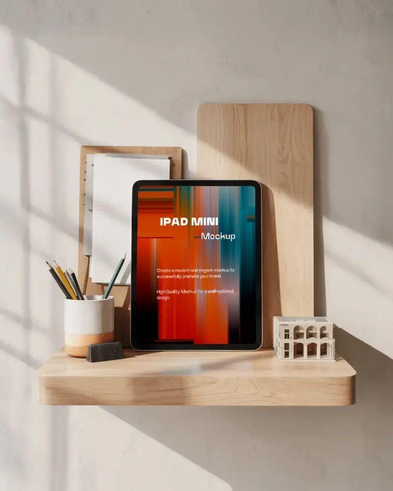 Ipad Mini Mockup On Wooden Shelf With Architecture Models Stationery And Warm Window Light