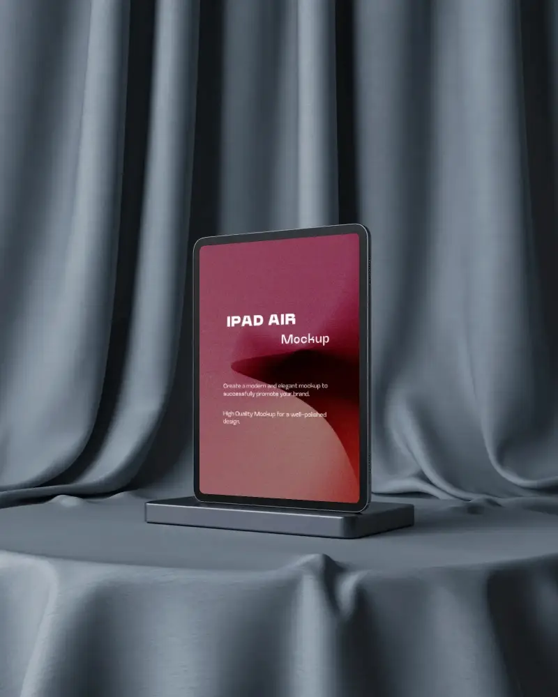 Ipad Air Mockup On Dark Podium With Elegant Draped Curtain Background And Soft Studio Light