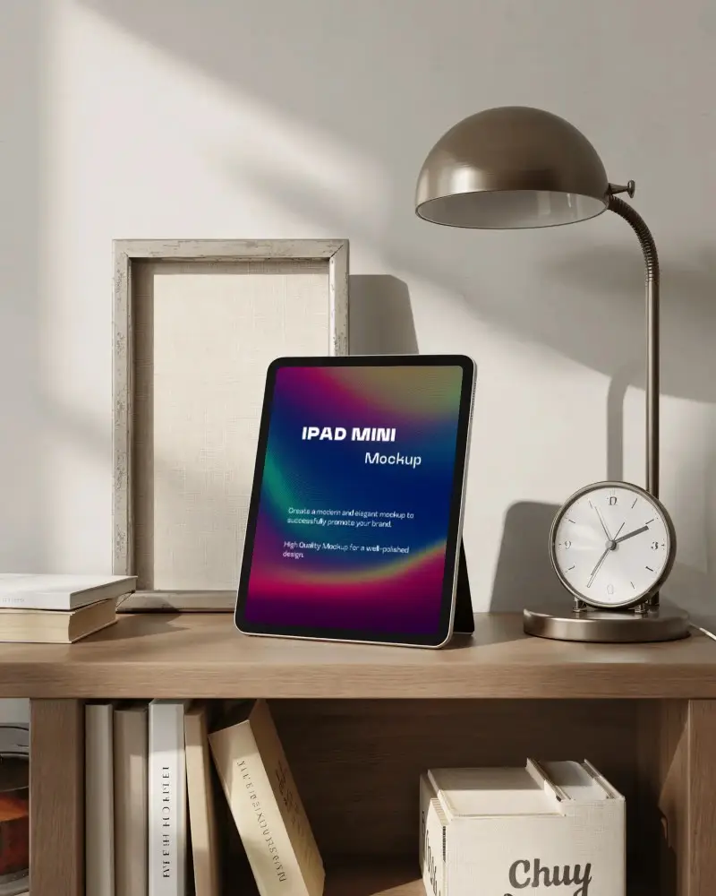 Ipad Mini Mockup On Wood Bookshelf With Clock Lamp And Books In Warm Sunlit Interior Space